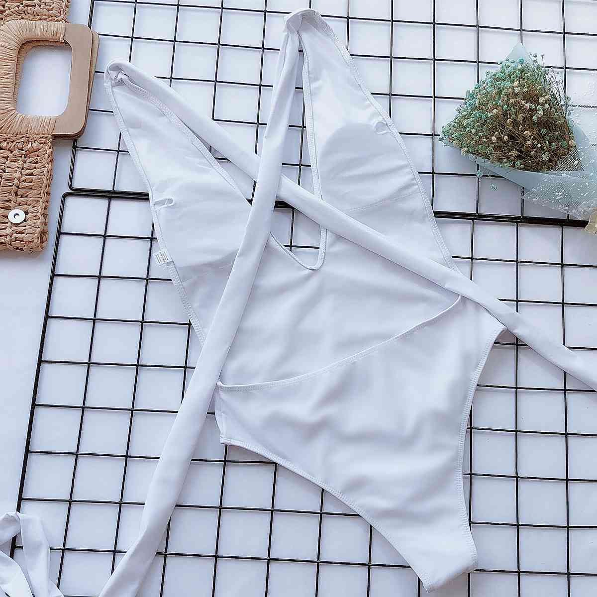 Halter Neck Deep V Tied One Piece Swimsuit