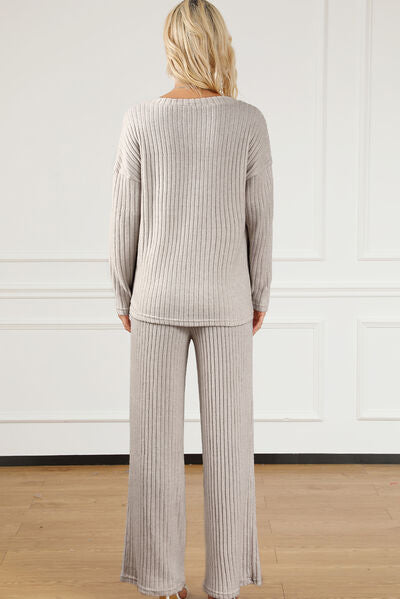 Ribbed V Neck Top and Pants Lounge Set