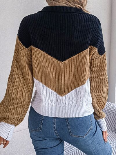 Color Block Dropped Shoulder Stretch Sweater
