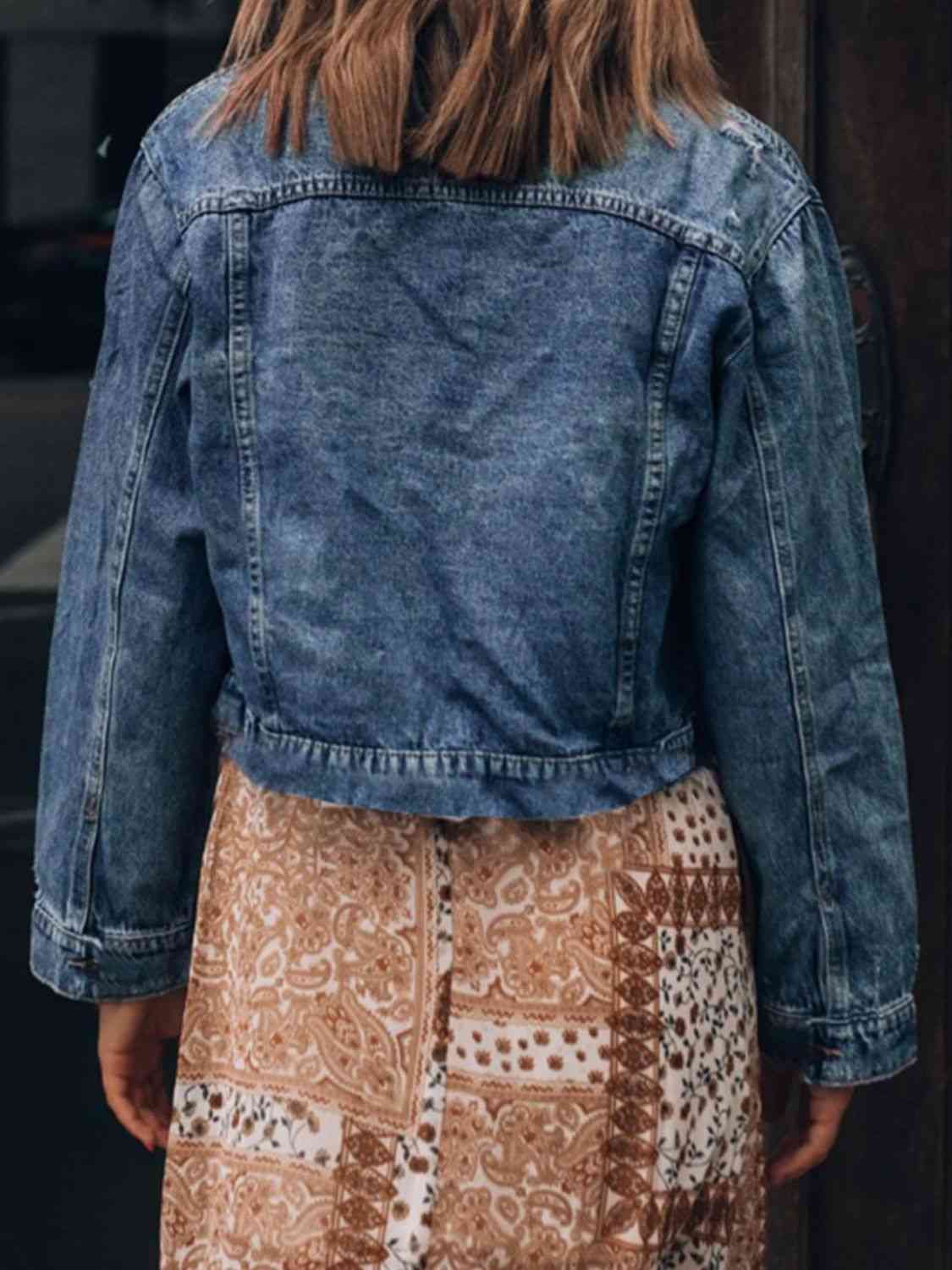 Collared Neck Distressed Denim Jacket Button Up