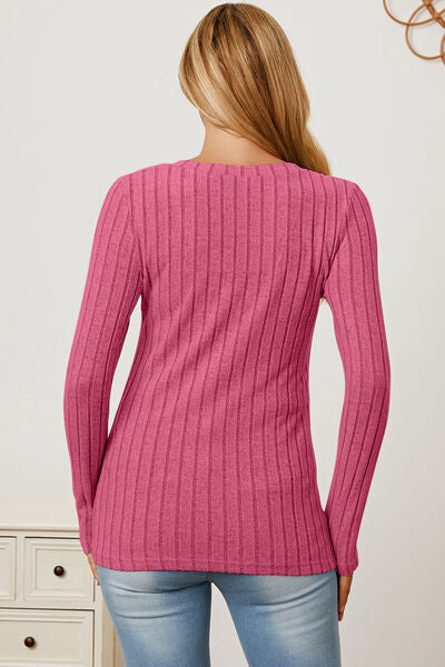 Basic Bae Full Size Ribbed V Neck Long Sleeve Tee Shirt