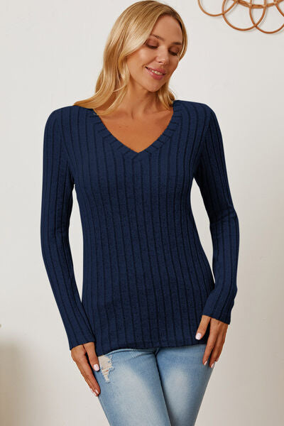 Basic Bae Full Size Ribbed V Neck Long Sleeve Tee Shirt