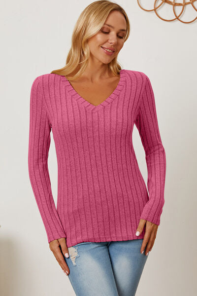 Basic Bae Full Size Ribbed V Neck Long Sleeve Tee Shirt