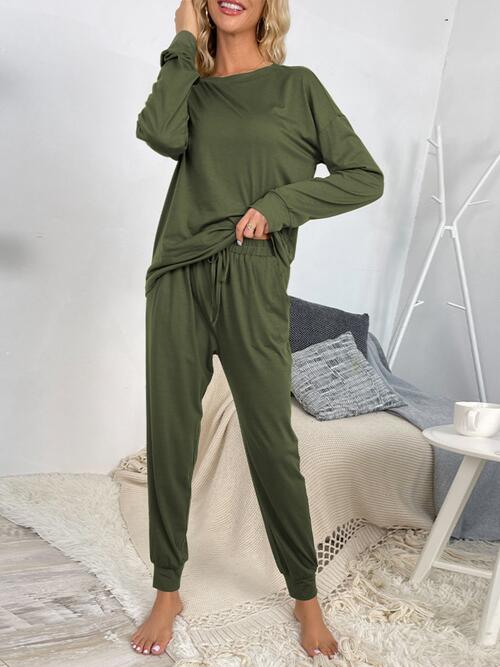 Drawstring Pants and Round Neck Top Lounge Set