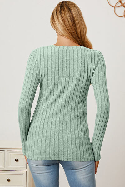 Basic Bae Full Size Ribbed V Neck Long Sleeve Tee Shirt