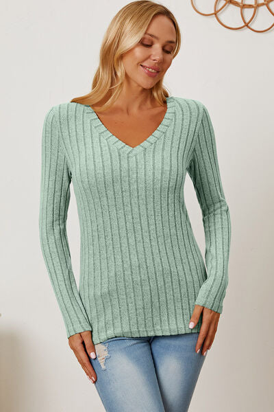 Basic Bae Full Size Ribbed V Neck Long Sleeve Tee Shirt
