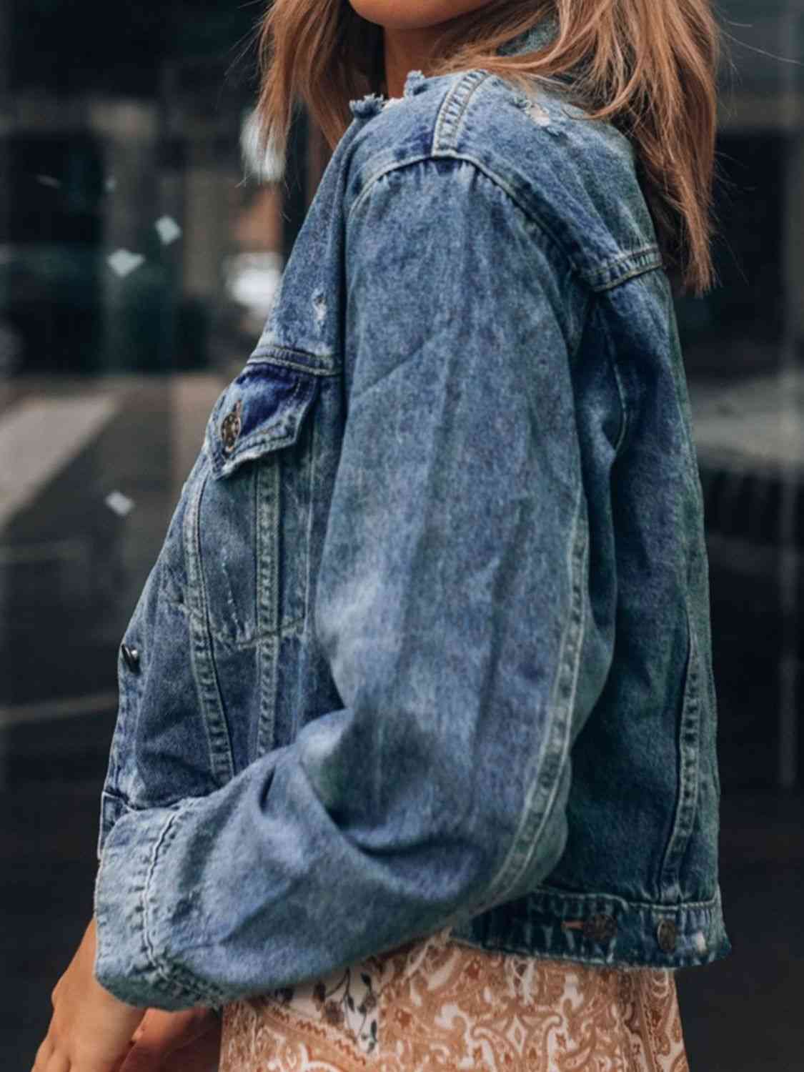 Collared Neck Distressed Denim Jacket Button Up