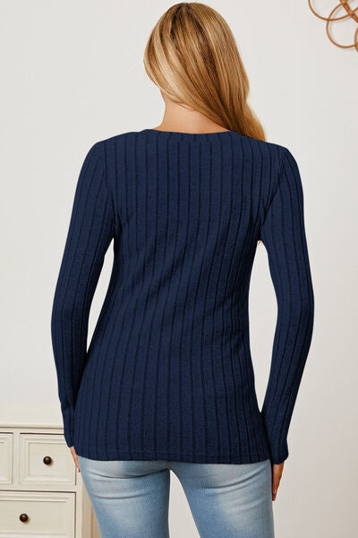 Basic Bae Full Size Ribbed V Neck Long Sleeve Tee Shirt
