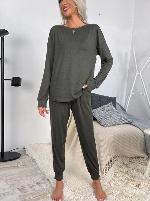 Drawstring Pants and Round Neck Top Lounge Set