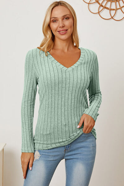 Basic Bae Full Size Ribbed V Neck Long Sleeve Tee Shirt