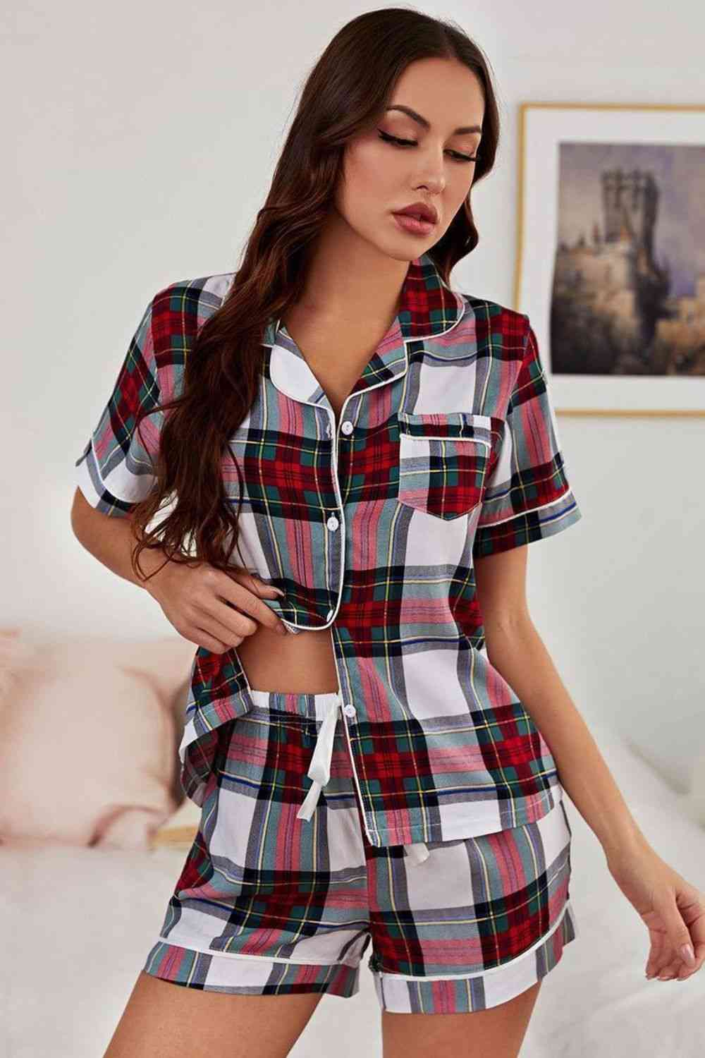 Collared Neck Short Sleeve Two Piece Lounge Set