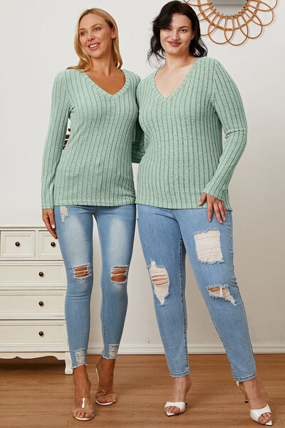 Basic Bae Full Size Ribbed V Neck Long Sleeve Tee Shirt