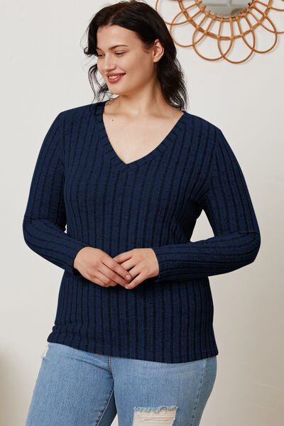 Basic Bae Full Size Ribbed V Neck Long Sleeve Tee Shirt