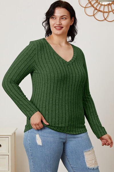Basic Bae Full Size Ribbed V Neck Long Sleeve Tee Shirt