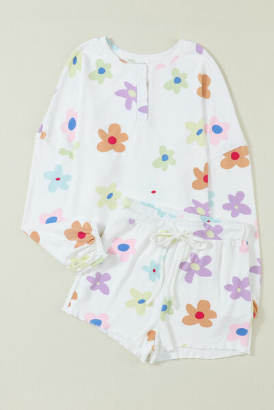 Printed Quarter Button Top and Shorts Lounge Set