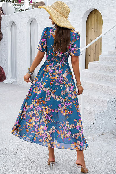 Smocked Floral V Neck Short Sleeve Dress