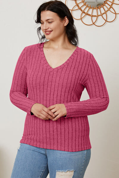 Basic Bae Full Size Ribbed V Neck Long Sleeve Tee Shirt