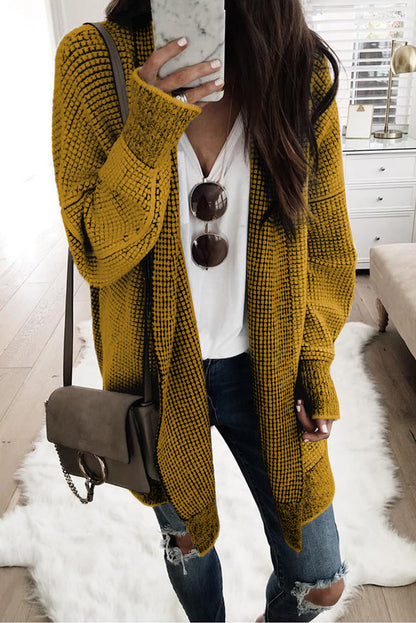 Grey Plaid Contrast Trim Casual Knit Cardigan