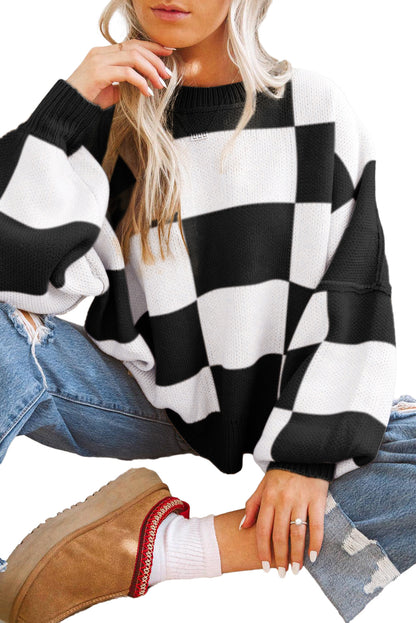 Pink Checked Bishop Sleeve Pullover Sweater