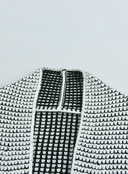 Grey Plaid Contrast Trim Casual Knit Cardigan