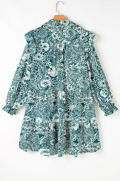 Green Boho Floral Puff Sleeve Split Neck Plus Size Dress