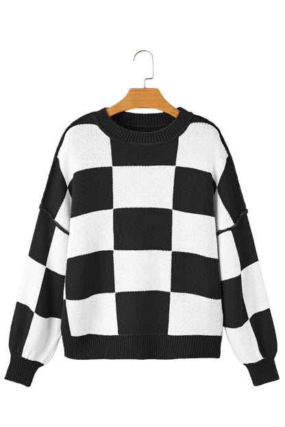 Pink Checked Bishop Sleeve Pullover Sweater