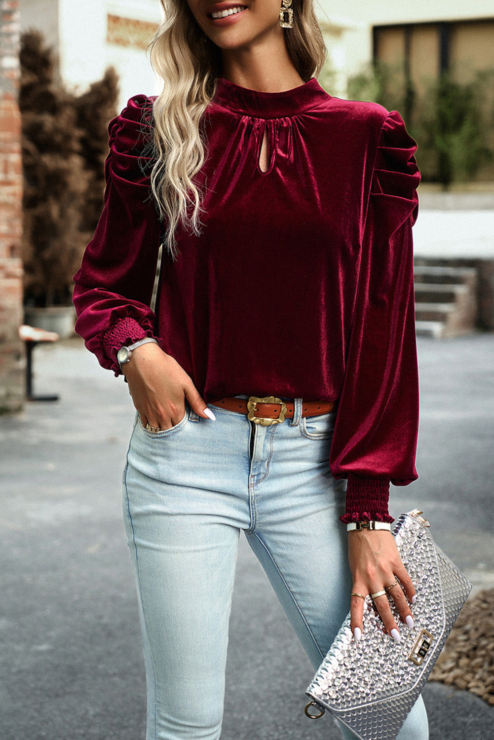 Blossom Mock Keyhole Neck Puff Sleeve Velvet Blouse
