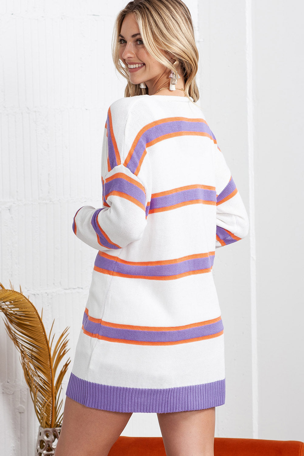 Beige Striped Long Sleeve Ribbed Trim Button Cardigan