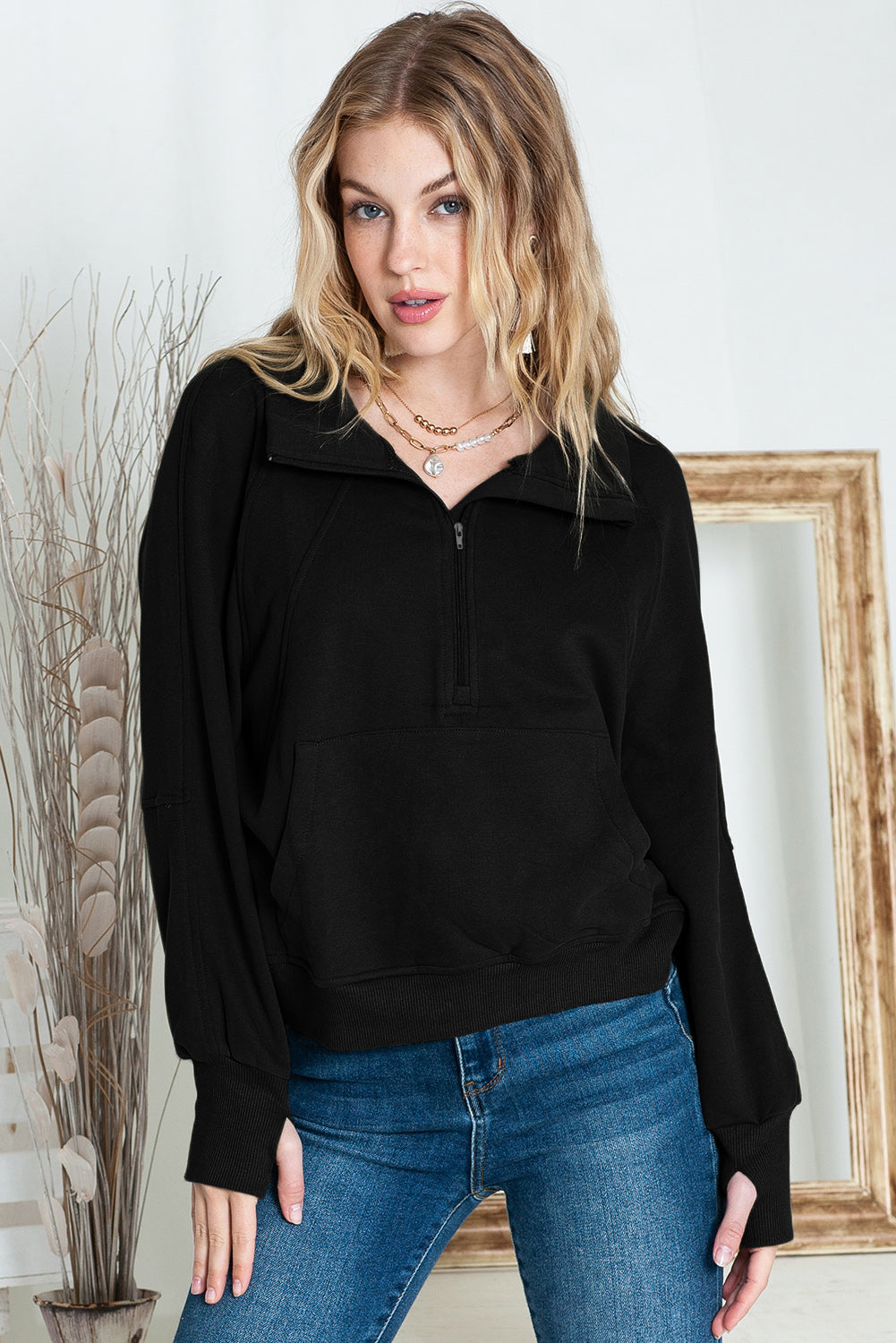 Brown Stand Collar Thumbhole Sleeve Sweatshirt