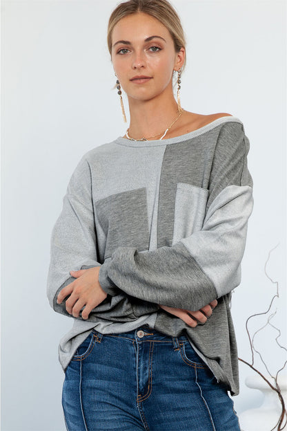 Grey Patchwork Chest Pockets Long Sleeve Pullover Top