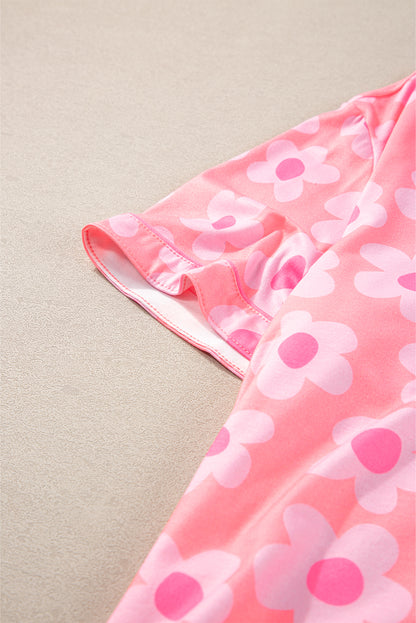 Orange Flower Print Buttoned Shirt and Drawstring Waist Pajama Set