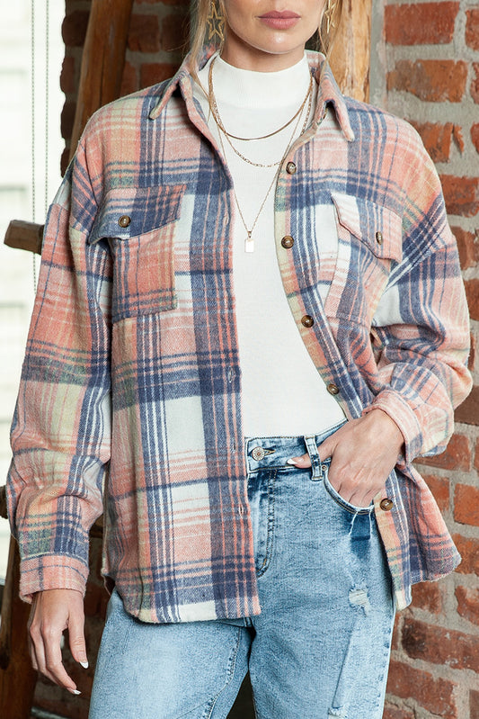 Pink and Grey Plaid Button Up Collar Flannel Shacket