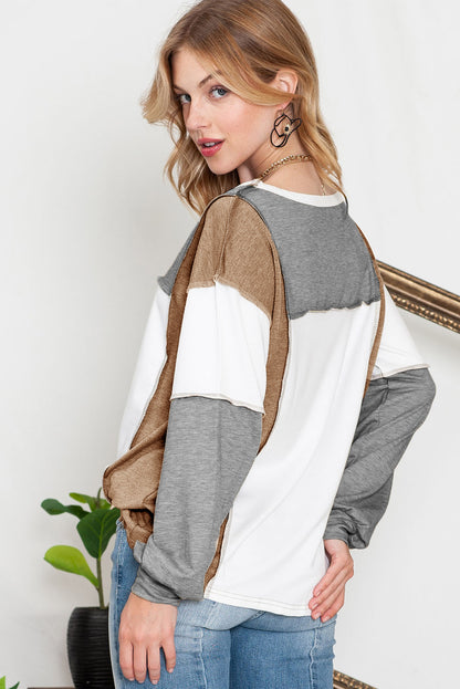 Khaki Color Block Exposed Seam Long Sleeve T Shirt
