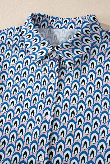 Sky Blue Abstract Print Collared Lantern Sleeve Shirt