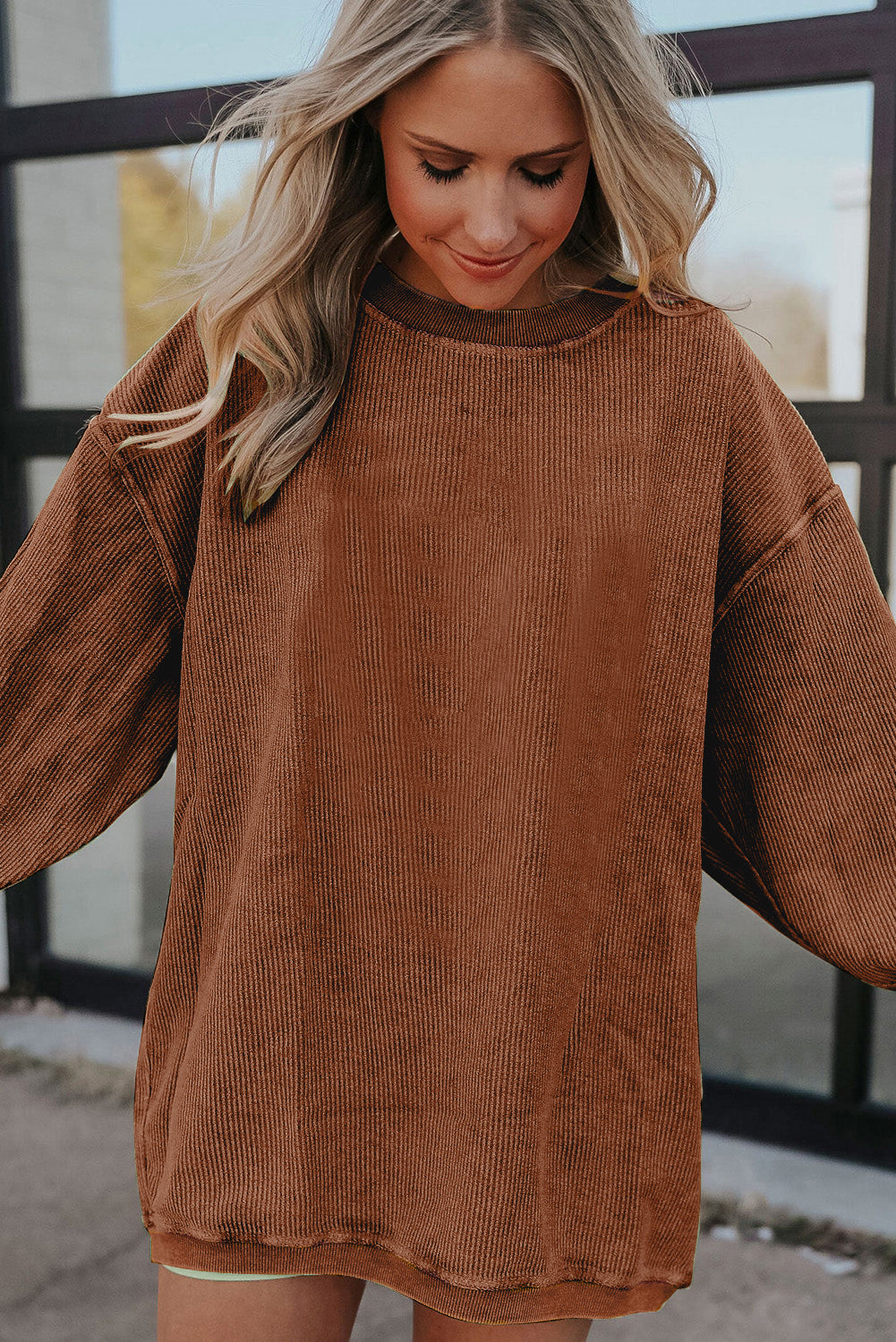Strawberry Pink Drop Sleeve Ribbed Oversized Sweatshirt