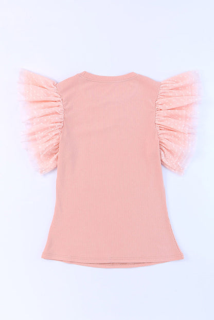 Pink Casual Dotty Layered Ruffle Ribbed Knit Top