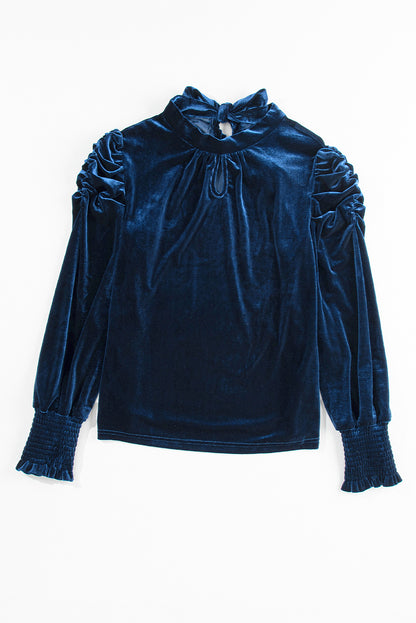 Peach Blossom Mock Keyhole Neck Puff Sleeve Velvet Blouse