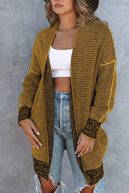 Grey Plaid Contrast Trim Casual Knit Cardigan