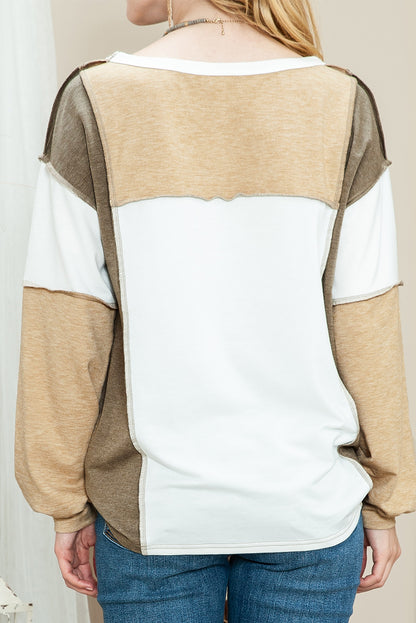 Khaki Color Block Exposed Seam Long Sleeve T Shirt