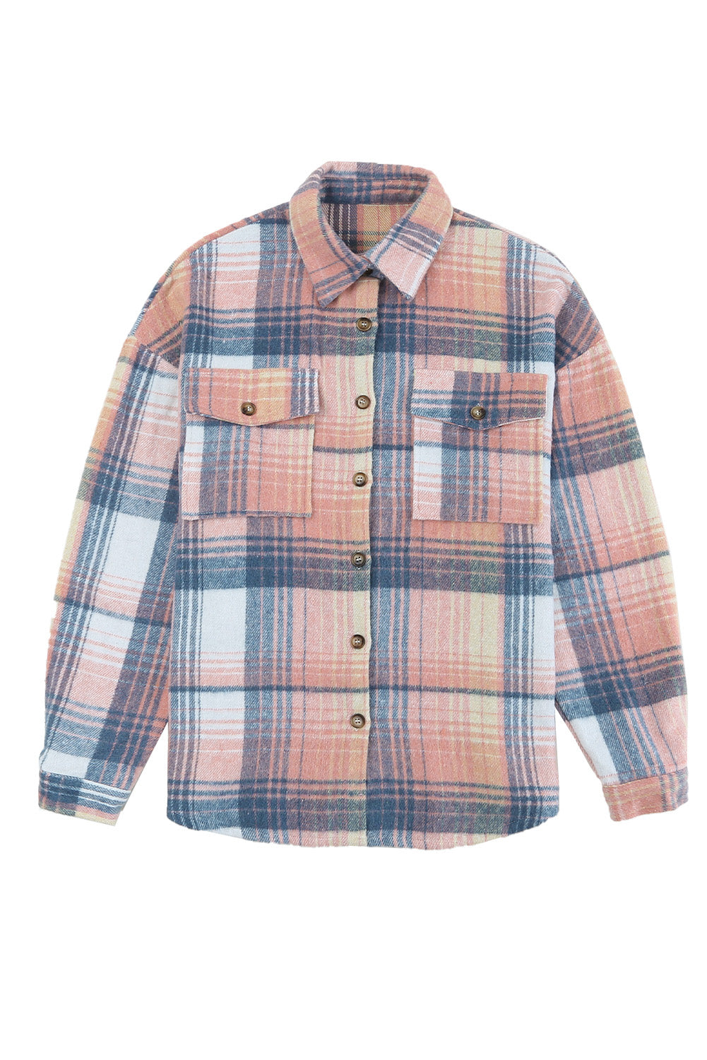 Pink and Grey Plaid Button Up Collar Flannel Shacket