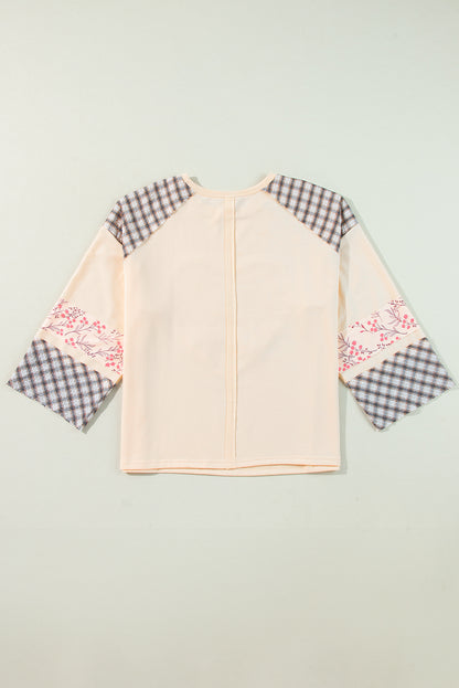 Aqua Plaid Floral Patchwork Heart Long Sleeve Top