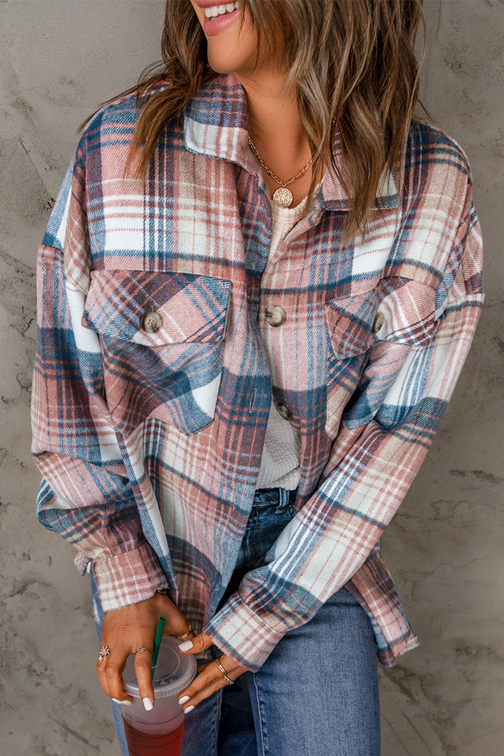 Pink and Grey Plaid Button Up Collar Flannel Shacket