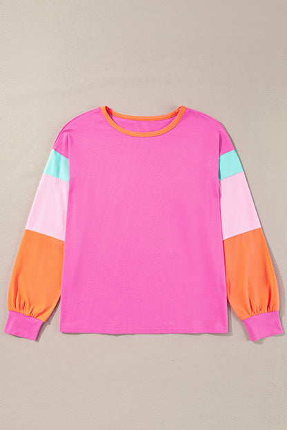 Rose Red Color Block Sleeve Loose Fit Top
