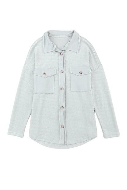Grey Solid Color Textured Button Up Shirt Shacket with Pockets