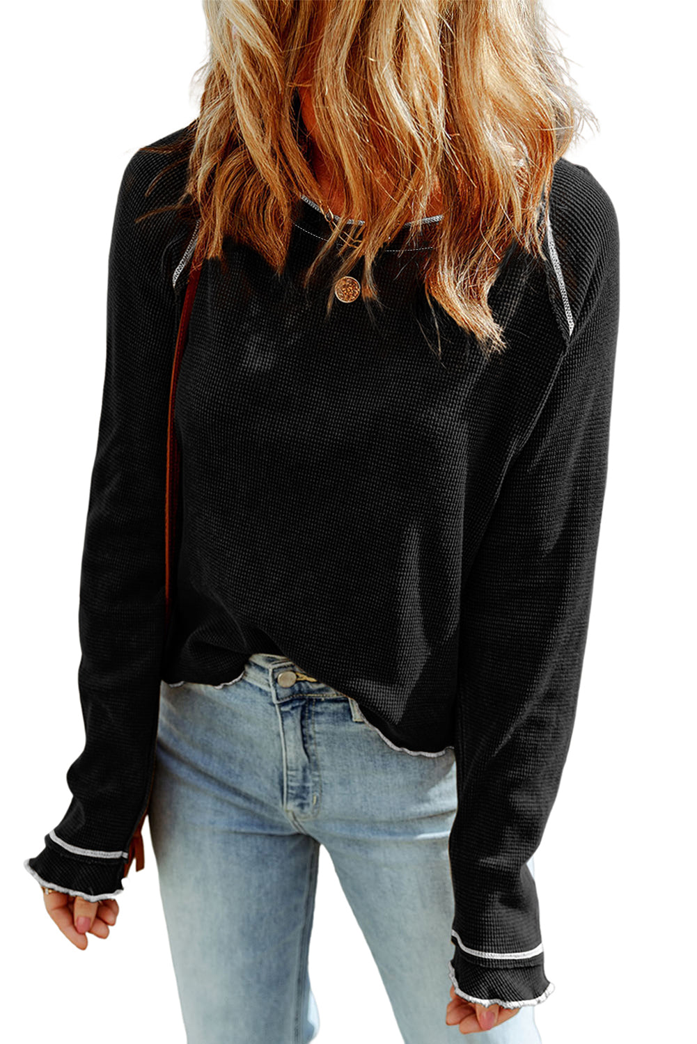 Red Exposed Seam Textured Pullover Long Sleeve Top