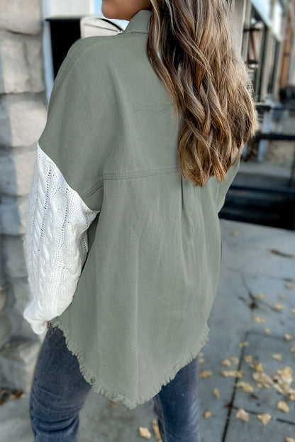 Green Cable Knit Patchwork Sleeve Raw Hem Shacket