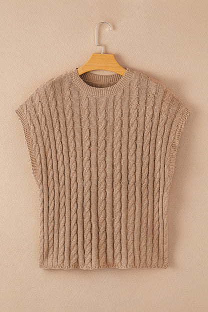 Light French Beige Crew Neck Cable Knit Short Sleeve Sweater