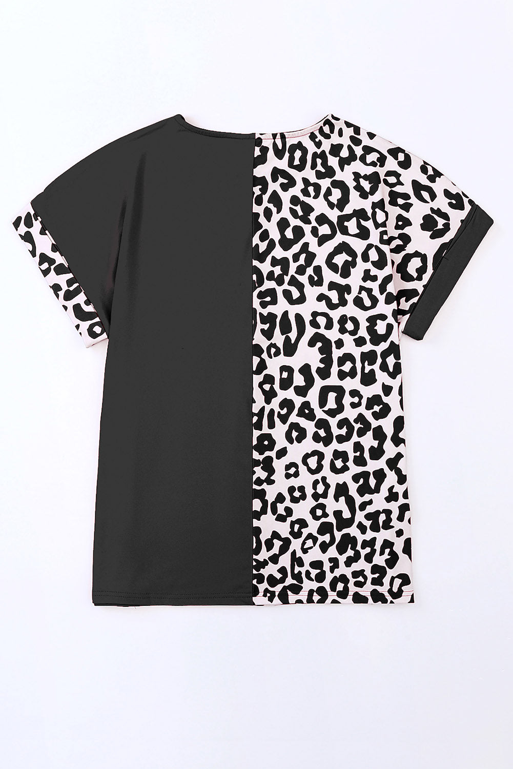 Leopard Color Block Casual Tee with Rolled Sleeves