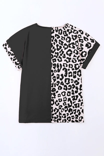 Leopard Color Block Casual Tee with Rolled Sleeves