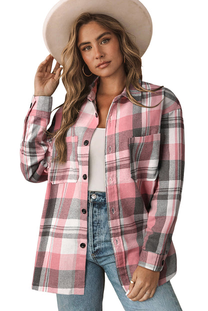 Pink Long Sleeve Collar Button Up Flannel Shacket